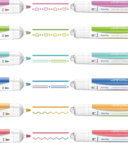 AECHY 6PCS Dual Color Highlighter Pens - 1 Stroke 2 Colors! Dual Tip Pens with 3 Curve Shapes & 6 Vibrant Colors for Note Taking, Underlining, Journaling, No Bleed Acid-Free Ink, for School,Office,Art