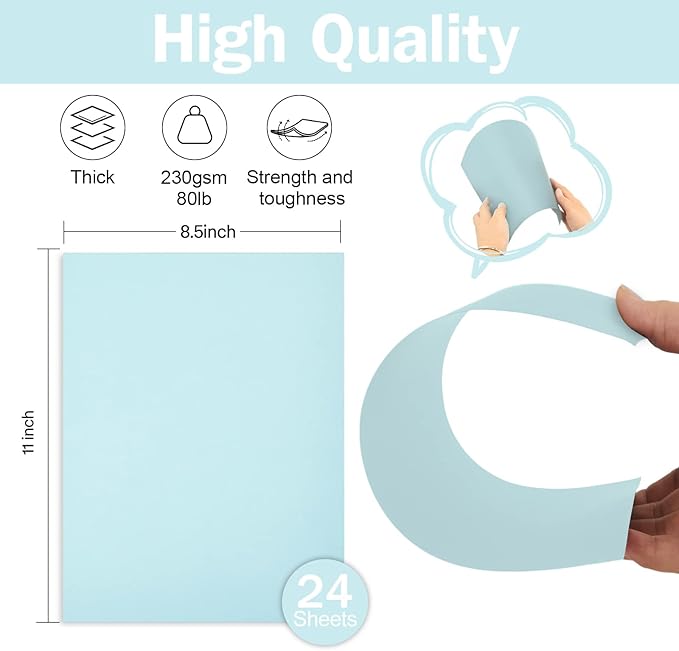 24 Sheets Light Blue Cardstock 8.5 x 11 Pastel Paper, Goefun 80lb Card Stock Printer Paper for Invitations, Menus, Crafts, DIY Cards