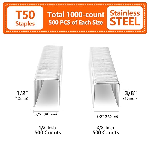 Heavy Duty Stainless Steel T50 Staples 1000-Count 2 Sizes for Staple Gun, Includes: 3/8", 1/2" Assortment, Combo kit