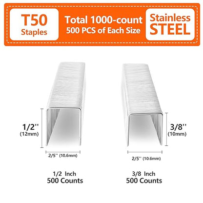 Heavy Duty Stainless Steel T50 Staples 1000-Count 2 Sizes for Staple Gun, Includes: 3/8", 1/2" Assortment, Combo kit