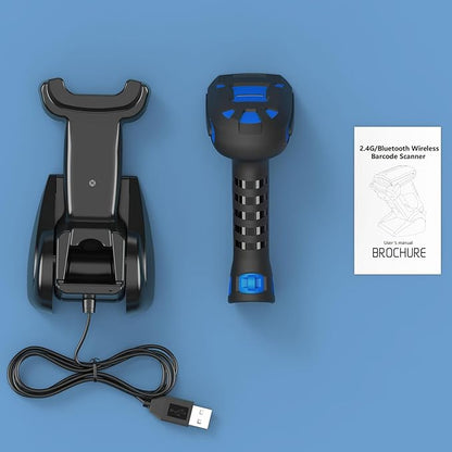 Alacrity Upgraded 2D Industrial Barcode Scanner with Wireless Charging Stand, 1968 Feet Transmission Distance 433Mhz Wireless & Bluetooth 2in1 Barcode Reader, Shock Dust Proof Hands Free, Blue