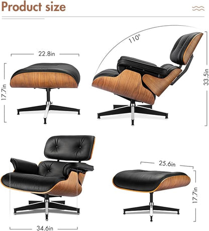 Mid Century Chaise Lounge Chair with Ottoman, Top Black Grain Leather, Modern Office Chair Classic Design, Heavy Duty Base Support for Living Room Study Lounge Office