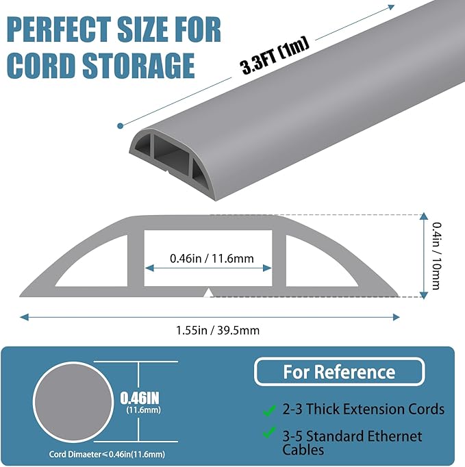 Floor Cord Covers for Wires 3.3FT Cable Hider Wire Coverr Self Adhesive Cord Hider Floor for Offices, Homes, Workshops, Warehouses Cable Cavity 0.51" W x 0.31" H