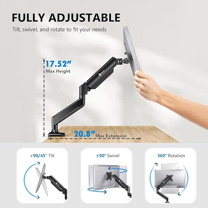 Single Arm Monitor Desk Mount for 13-32 inch Screen, Tilt, Swivel, Rotation, Ergonomic Gas Spring Monitor Stand with Cable Management, VESA 75/100mm
