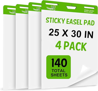 Sticky Easel Pad 25 in x 30 in, 35 Sheets/Pad, 4 Pads/Pack, 140 Sheets， Large White Sticky Easel Paper for Office and Classrooms, Flip Chart Paper for Teachers，Super Sticking Power & Bleed-Resistant
