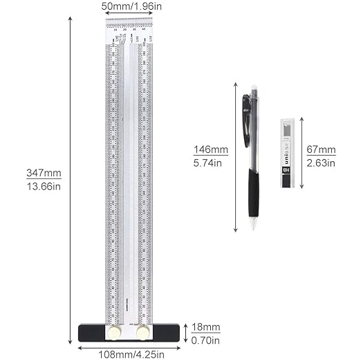 Precision Marking T-Rule Stainless Steel T Square with Mechanical Pencil & 0.5mm Refill Scribing Line Ruler for Marking or Measuring, for Carpenters, Designers, Architects, Engineers 300mm
