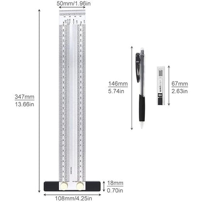 Precision Marking T-Rule Stainless Steel T Square with Mechanical Pencil & 0.5mm Refill Scribing Line Ruler for Marking or Measuring, for Carpenters, Designers, Architects, Engineers 300mm