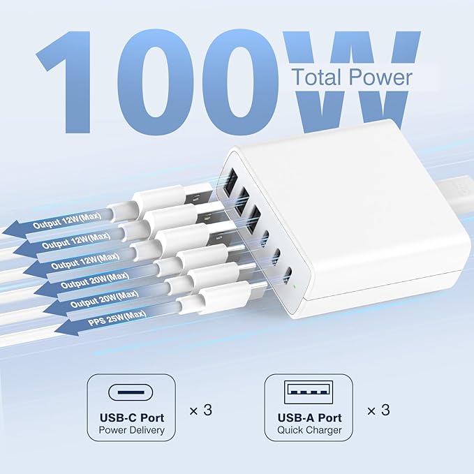 USB C Fast Charger Block, 100W 6 Ports Charging Station Hub for iPhone 16 15 14 13 Pro Max, iPad Pro Air Mini, Galaxy, for Air-pods 4, Pro 2, 25W PPS Type C Wall Charger with LED, 5ft Cord