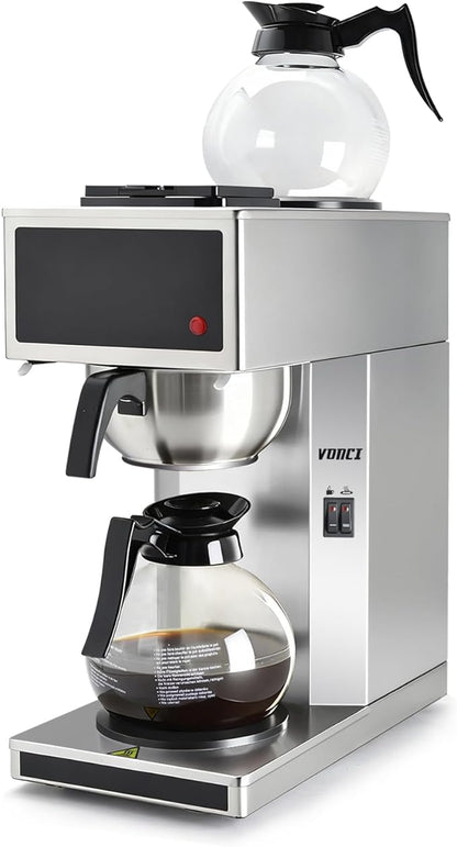 VONCI 1610W Commercial Coffee Maker, 12 Cup Drip Coffee Machine, 2 Glass Carafes and 2 Warmers, Stainless Steel Housing & Funnel, Industrial Coffee Maker for Offices, Hotels, Home