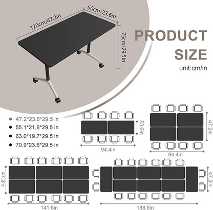 Folding Conference Table, Rectangular Conference Room Tables, Mobile Modular Training Table, Solid Steel Frame,Thickened Panel,for Offices,Meeting Room,Offices andSchools (4, Black, 47in)
