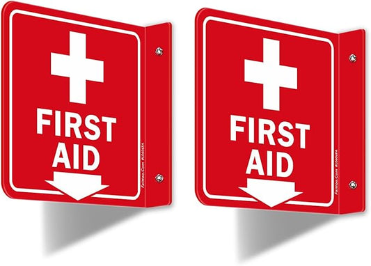 Faittoo First Aid Sign, 2 Pack First Aid with Cross Symbol - 6 x 6 Inches Acrylic Plastic, 2 Pre-Drilled Holes, Includes Matching Screws, Use for Home Office/Business