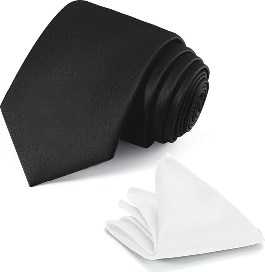 Black Tie Set in Gift Box Mens Solid Color 3.15" (8CM) Black Necktie and Pocket Square Set