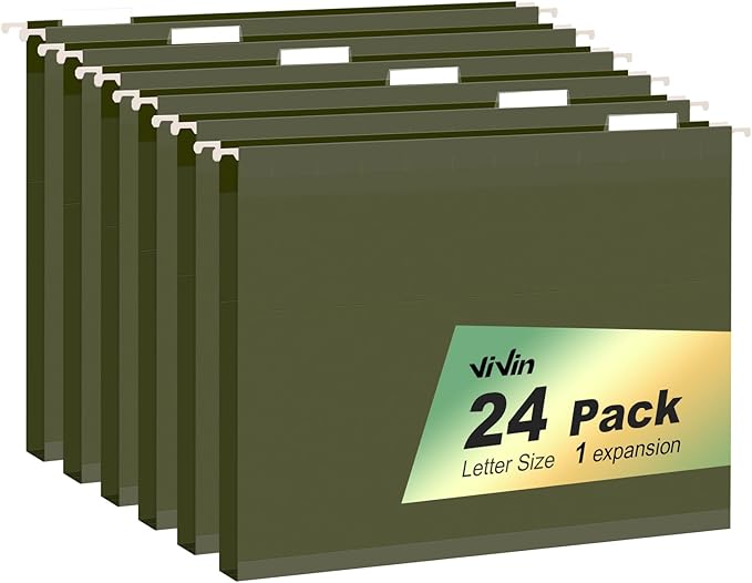 ViVin Hanging File Folders, 1/5-Cut Adjustable Tabs with 24 Per Box, 1 Inch Expansion, 24 Pack Letter Size Hanging File Folders, Designed for Office Home School Filing Cabinet(Green)