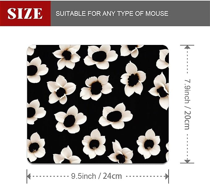 Square Mouse Pad Black White Flowers 1, Personalized Premium-Textured Custom Mouse Mat Design, Washable Mousepad Cloth, Non-Slip Rubber Base Computer Mouse Pads for Wireless Mouse