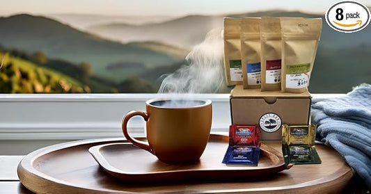 Split Oak Coffee Gift Set - 4 Medium Roast Coffees whole beans varieties: Peru, Brazil, Guatemala, Ethiopia and 4 Assorted Delicious Chocolate Squares