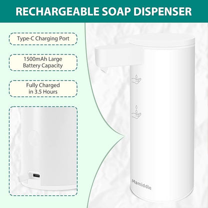 Automatic Soap Dispenser Stainless Steel with Sensor Infrared Soap Dispenser Electric IPX5 Waterproof USB-C Charging Motion Sensor for Kitchen & Bathroom (White)