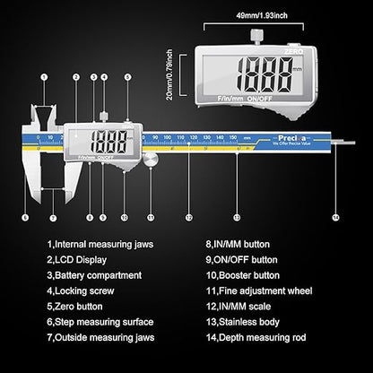Preciva Digital Caliper, Stainless Steel Vernier Caliper Digital, Micrometer Calipers with Large LCD Screen, Auto-Off Feature, Inch Millimet Conversion, 6 Inch Caliper Tools for DIY/Household
