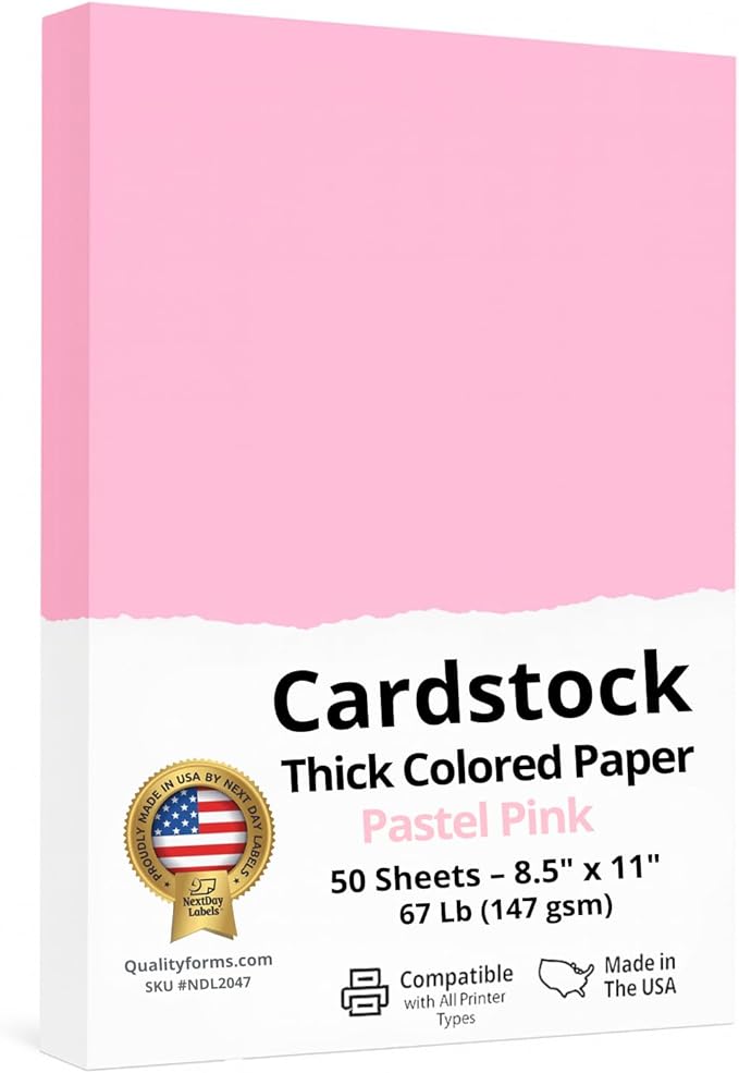 NextDayLabels Color Cardstock Paper - 50 Sheets - 8-1/2" x 11" - Pastel Pink 67 lb (147 gsm) - Thick Colored Paper for Crafting, Invitations, Posters, Flyers, and DIY Projects - Made in USA