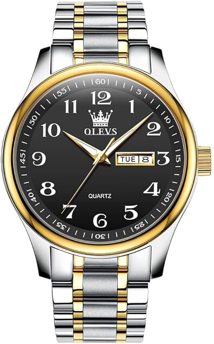 Men's Casual Stainless Steel Watch, Big Face Easy to Read Analog Quartz Watch with Day and Date, Classic Waterproof Diamond Roman Arabic Numerals Dial Dress Watch for Men, Gold Silver Black Band