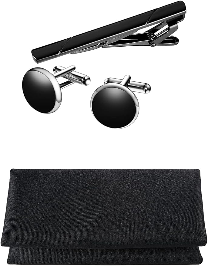 TIE G 5pcs Tie Set in WHITE OR BLACK GIFT BOX: Solid Color Necktie, Satin Bow Tie, Pocket Square, Lapel, Cuff Links