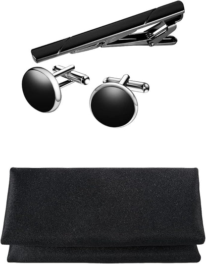 TIE G 5pcs Tie Set in WHITE OR BLACK GIFT BOX: Solid Color Necktie, Satin Bow Tie, Pocket Square, Lapel, Cuff Links