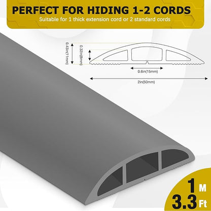 Floor Cord Cover 3.3FT Cord Covers for Wires on Floor Protect Wires & Prevent Trip Hazards, Easy to Cut for Home, Office, School, Concerts, Cavity W0.6in x H0.32in