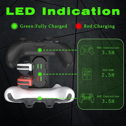 Switch Controller Charger for Nintendo Switch, Charging Dock with JoyCon/Pro / PS5 Controller, Charger Station with LED Indicator and Charger Cable for JoyCons, 6 in 1 Nintendo Charging Dock