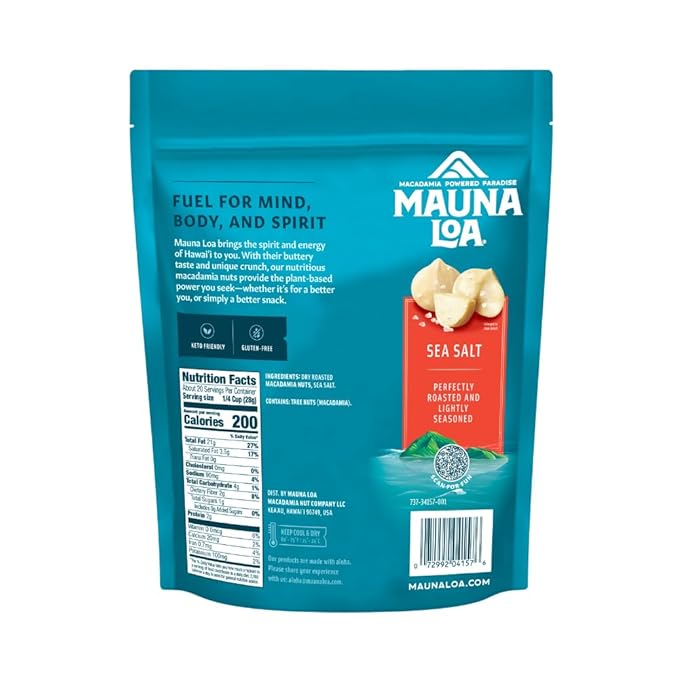 Mauna Loa Sea Salt Roasted Macadamia Nuts, Premium Hawaiian Nuts, 20oz Resealable Bag, Keto Friendly, Gluten Free Snack