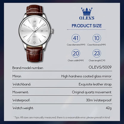 OLEVS Mens Watches Vintage Leather Band Dress Classic Easy Reader Arabic Numerals Analog Quartz Waterproof Date and Day Blue/Black/White Large Face Men's Wrist Watches