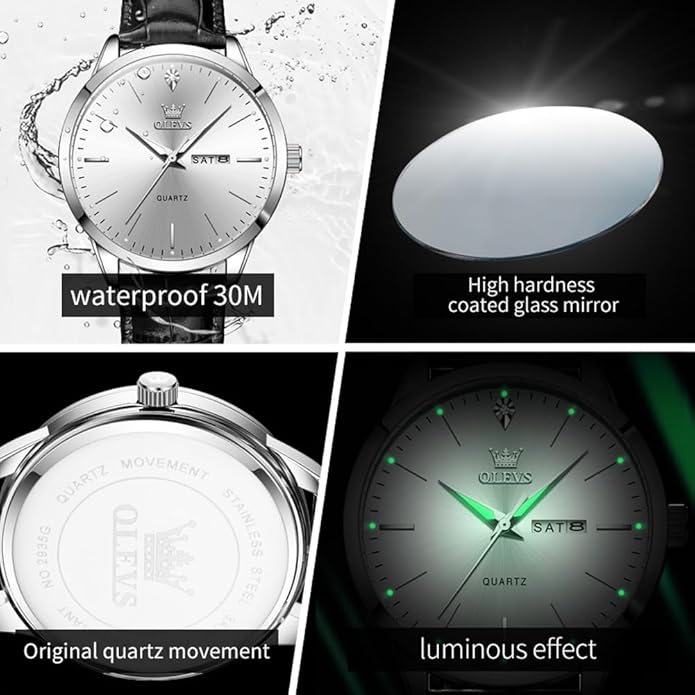 OLEVS Mens Watches, Dress Waterproof Classic Analog Casual Luxury Wrist Watch for Men with Date, Easy to Read Relojes para Hombres Male Quartz Wristwatch with Brown Black Leather Band Blue Black Dial