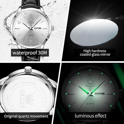 OLEVS Mens Watches, Dress Waterproof Classic Analog Casual Luxury Wrist Watch for Men with Date, Easy to Read Relojes para Hombres Male Quartz Wristwatch with Brown Black Leather Band Blue Black Dial