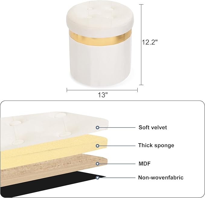 Small Ottoman with Storage,Folding Round Ottoman with Gold Trim,Velvet Storage Stool,Foot Stool with Soft Padded,Foot Rest for Living Room13“x13”x12.4(Beige,2pcs)