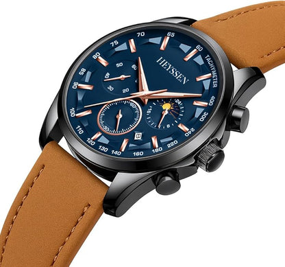 Watches for Men Chronograph Analog Luminous Quartz Watch Blue Black Luxury Genuine Leather Mens Watches Business Sports Waterproof Wristwatch Elegant Gift for Him