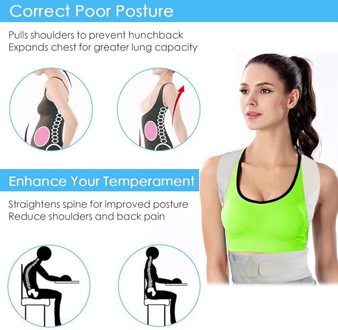 Thoracic Back Brace Posture Corrector - Magnetic Support for Neck Shoulder Upper and Lower Back Pain Relief - Perfect Posture Brace for Cervical Lumbar Spine - Fully Adjustable Belt (Beige, Medium)