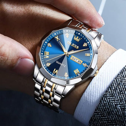 OLEVS Watches for Men Diamond Business Dress Analog Quartz Stainless Steel Date Luxury Casual Fashion Wrist Watch Waterproof Luminous