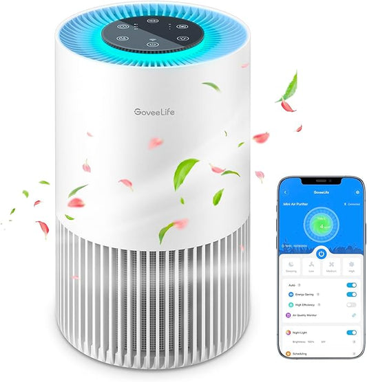 GoveeLife Smart Air Purifiers for Bedroom, Portable Filter Cleaner with WiFi Alexa Control for Pet Hair Odors Pollen Smoke, 24dB Quiet Air Purifier with 3 Speeds, Timer, Aromatherapy for Desktop