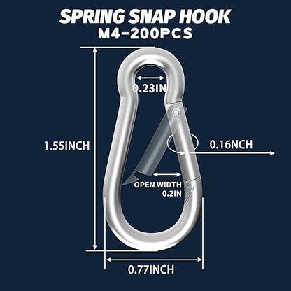 200PCS M4 Spring Snap Hook Carabiner, 1.57 Inch Small Carabiner Clip, Heavy Duty Galvanized Steel Spring Clip, Quick Link Key Chain for Swing Hammock Gym Outdoor, 120LBS Holding Capacity