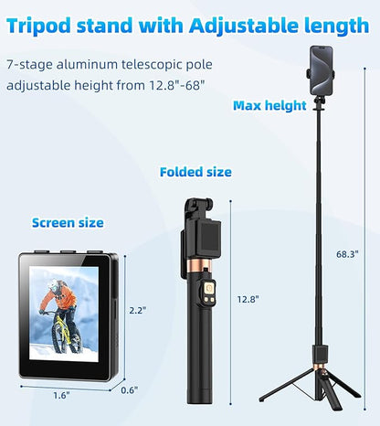 Flymoon Tripod for iPhone with Detachable Screen Monitor, Remote Control, 2025 Phone Tripod Stand, Back Camera Monitor, 68.3" Extendable Selfie Stick, 360° Rotation for Vlog, iPhone & Android