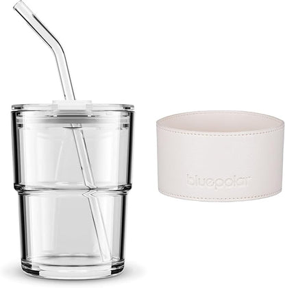 13 oz Tumbler Water Glass, Water Bottle with Straw and Dustproof Lid, Coffee Ice Cup Double Wall Insulated Glass Cup (White with Protect Sleeve)