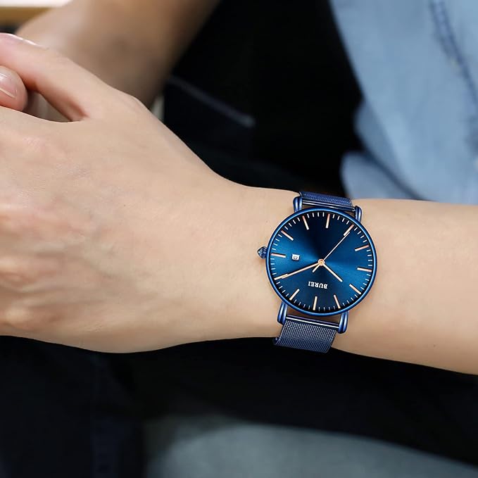 BUREI Men Watches Brown Leather Fashion Minimalist Wrist Watch Simple Ultra Thin Waterproof Quartz Watches All Black Stainless Steel Mesh Band,Gift for Men Women