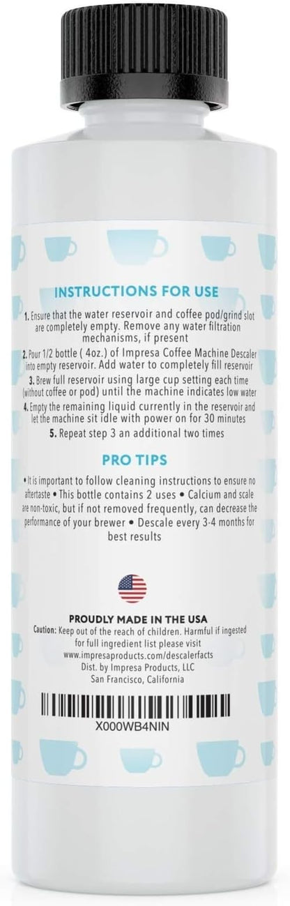 IMPRESA Coffee Machine Descaler (2 Uses Per Bottle) - Made in the USA - Universal Descaling Solution, Compatible with Nespresso, Delonghi and All Single Use Coffee and Espresso Machines