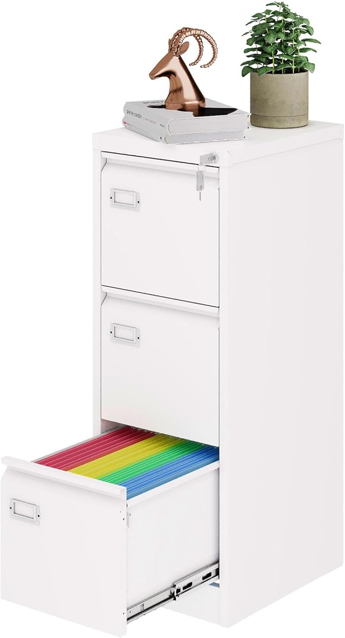 3 Drawer File Cabinet with Lock, Metal Filing Cabinets, Vertical Small Filing Cabinet Steel Lockable Storage Cabinets for Home Office to Organization Hanging Letter/Legal/F4/A4