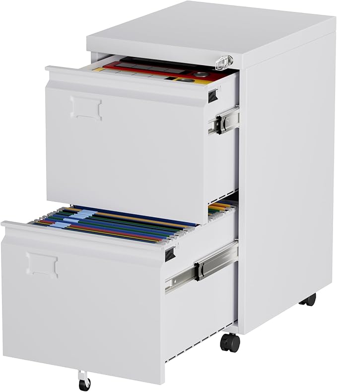 Aobabo 2 Drawer File Cabinet with Wheels, Lockable Metal Filing Cabinet with Business Card Slot for Legal/Letter Size Home Office, Required Assembled,White
