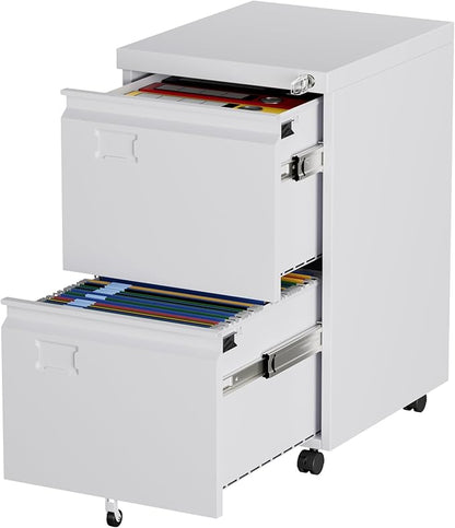 Aobabo 2 Drawer File Cabinet with Wheels, Lockable Metal Filing Cabinet with Business Card Slot for Legal/Letter Size Home Office, Required Assembled,White