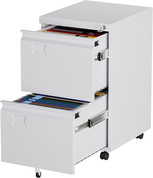 Aobabo 2 Drawer File Cabinet with Wheels, Lockable Metal Filing Cabinet with Business Card Slot for Legal/Letter Size Home Office, Required Assembled,White
