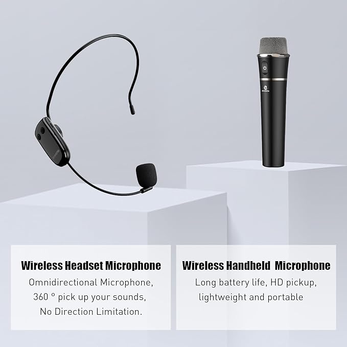 ZOWEETEK Wireless Voice Amplifier Handheld and Headset Microphones for Teachers, Voice Amplifier Microphone, Portable Megaphone Buletooth Speaker for Classroom, Meeting, Group outings, Party, Karaoke