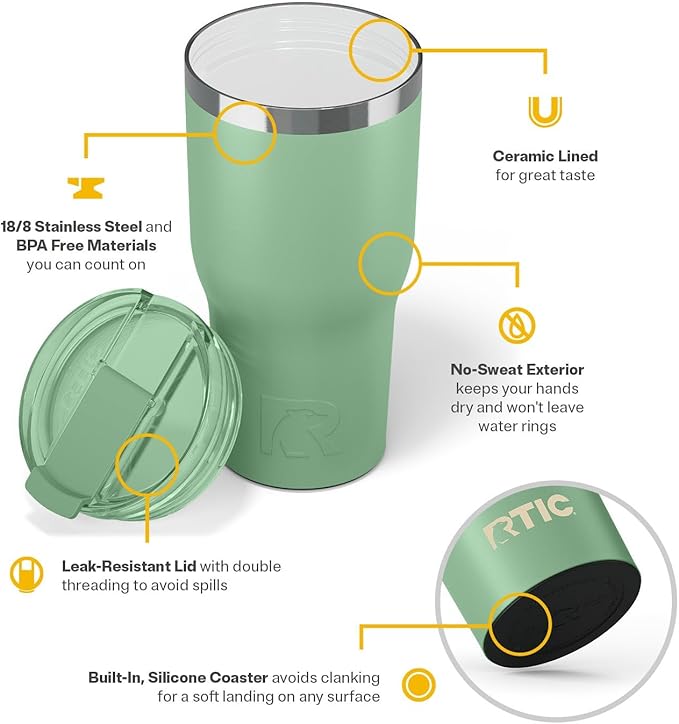 RTIC 30oz Essential Tumbler with Lid, Ceramic Lined, Insulated, Stainless Steel, Metal, Double Wall Vacuum-Insulation, Travel Cup for Iced Coffee, Tea, Hot and Cold Drink, Sage