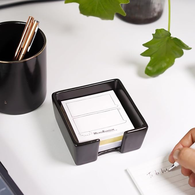 HANKOR Ceramic Sticky Note Holder, 3 x 3 Sticky Note Dispenser, Notepad Holder for Desk, Office Essentials Organizer (Black)
