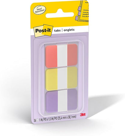Post-it Sticky Tabs, 1 in. x 1.5 in., 3 Pads of Book Tabs in Assorted Warm Pastel Colors for Bookmarking, Annotating, Reading, and Reminders, Orange, Yellow, and Purple Colors (36 Total Count)