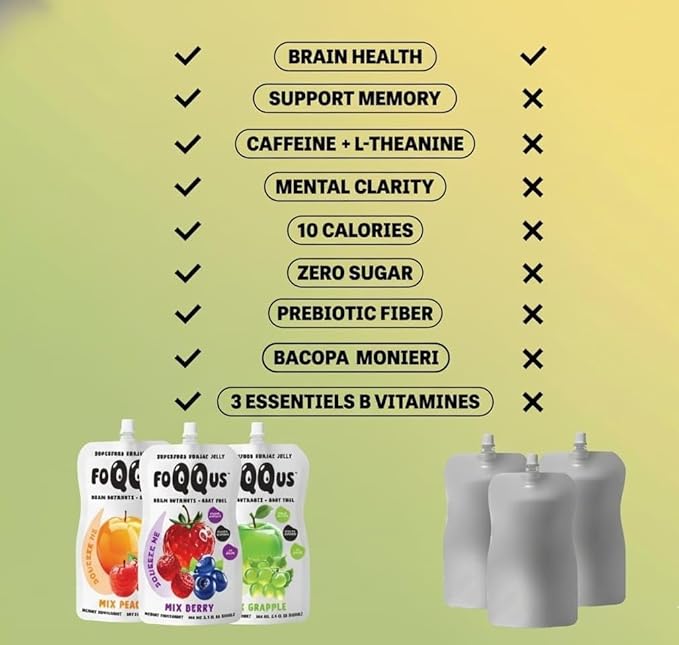 Apple Green Grape Konjac Jelly with Bacopa + Caffeine + L-Theanine (10 Pouches) | Low Calorie, 0g Sugar, Gluten-Free, Vegan & Keto | Drinkable Asian Snack | Nutrients for Gut Health & Focus